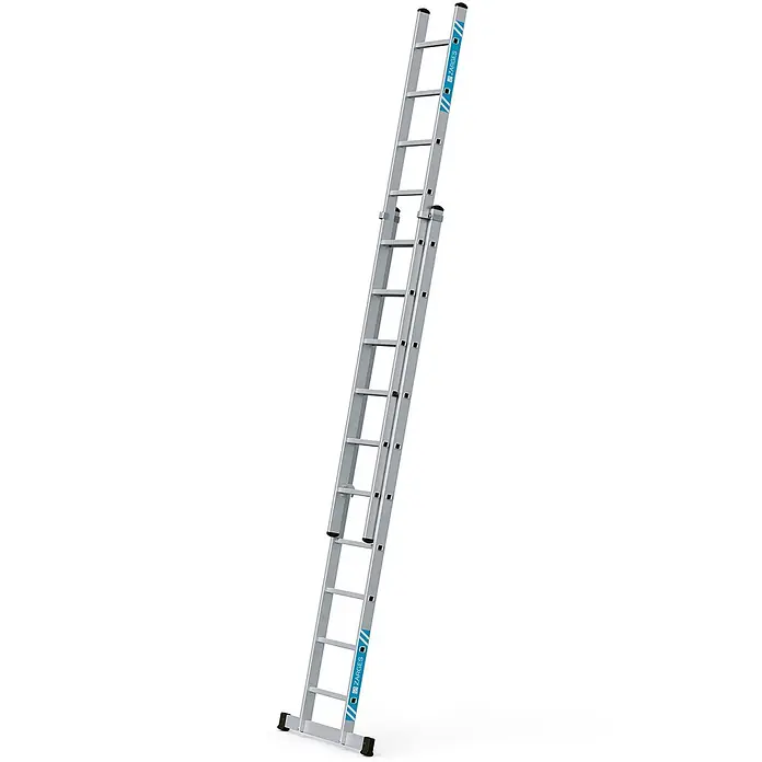 Zarges Schiebeleiter Schiebeleiter Everest 2E 2x10 Sprossen - Anzahl Tritte: 10 Stk., Arbeitshöhe: 5.750 m, Aluminium - Silberfarbene, zweiteilige Aluminium-Schiebeleiter. Die Leiter ist ausgefahren und diagonal geneigt.