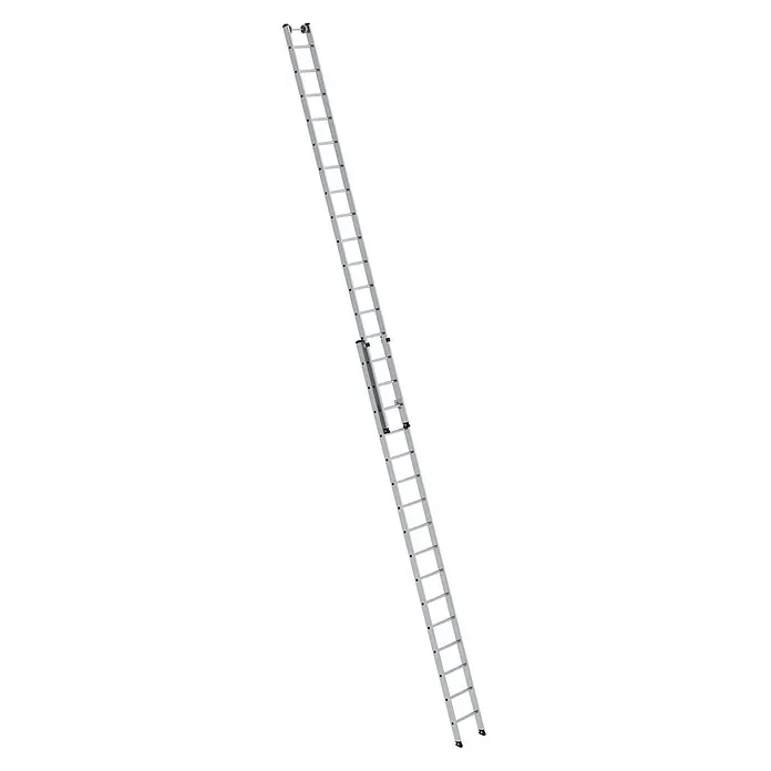 Munk Schiebeleiter Aluminium-Schiebeleiter 2-teilig ohne Traverse 2x16 Sprossen - Anzahl Tritte: 16 Stk., Arbeitshöhe: 9.400 m, Aluminium - Silberne Aluminium-Ausziehleiter, ausgefahren.