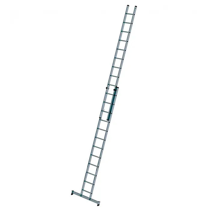 Munk Schiebeleiter Schiebeleiter mit Traverse 2x12 Sprossen - Anzahl Tritte: 12 Stk., Arbeitshöhe: 7.200 m, Aluminium - Silberne Aluminium-Ausziehleiter mit Stabilisierungsbalken am Fuß, vollständig ausgefahren.