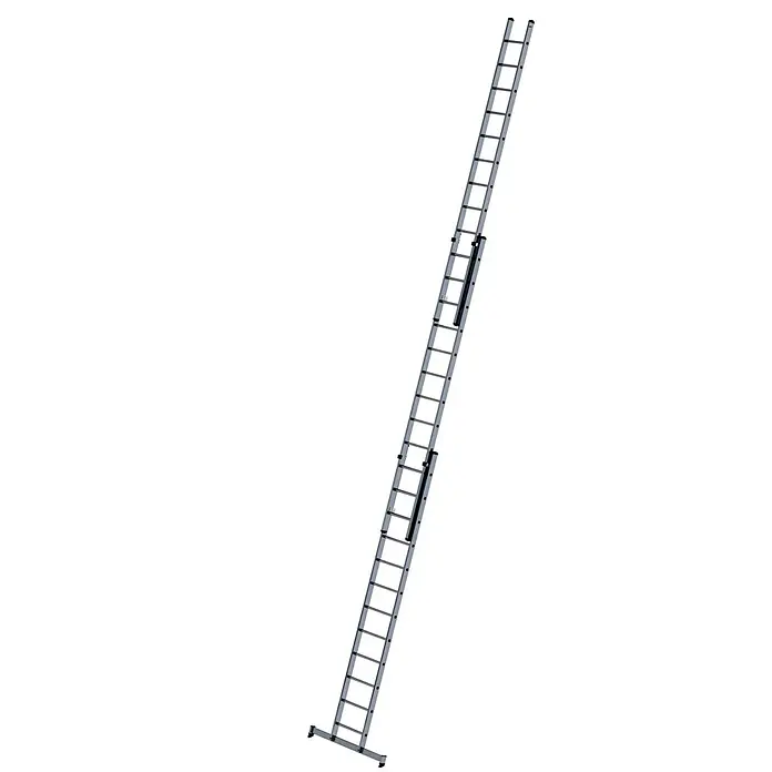 Munk Schiebeleiter Schiebeleiter mit nivello-Traverse 3x12 Sprossen - Anzahl Tritte: 12 Stk., Arbeitshöhe: 9.700 m, Aluminium - Ausgefahrene dreiteilige Aluminium-Schiebeleiter.