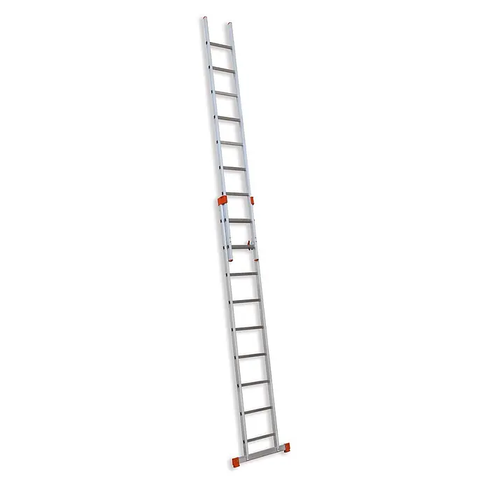 Facal Schiebeleiter Schiebeleiter GENIA S300 2x9 Sprossen - Anzahl Tritte: 9 Stk., Arbeitshöhe: 5.650 m, Aluminium - Silberne ausziehbare Aluminiumleiter mit orangefarbenen Akzenten und Verriegelungsmechanismen.