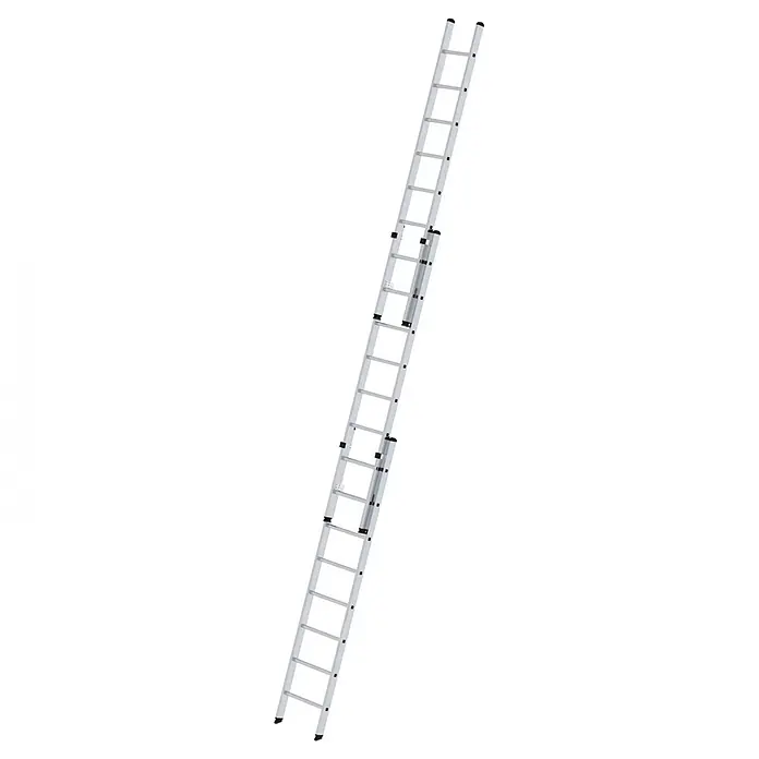 Munk Schiebeleiter Aluminium-Schiebeleiter 3-teilig ohne Traverse 3x8 Sprossen - Anzahl Tritte: 8 Stk., Arbeitshöhe: 6.900 m, Aluminium - Silberne Aluminium-Ausziehleiter mit schwarzen Sicherheitskappen.