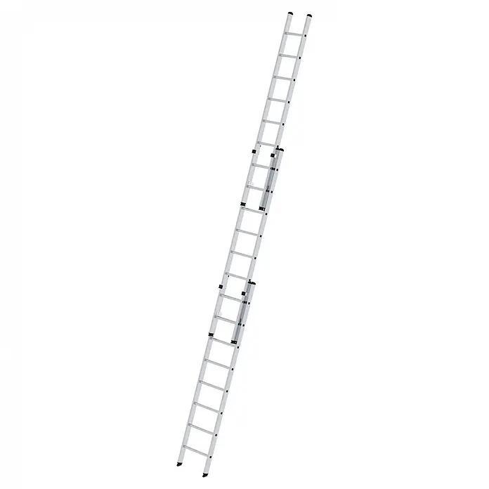 Munk Schiebeleiter Aluminium-Schiebeleiter 3-teilig ohne Traverse 3x8 Sprossen - Anzahl Tritte: 8 Stk., Arbeitshöhe: 6.900 m, Aluminium - Silberne ausziehbare Aluminiumleiter.