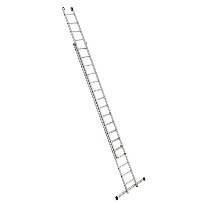 Euroline Schiebeleiter Premium 302 Schiebeleiter 2x17 Sprossen - Anzahl Tritte: 17 Stk., Arbeitshöhe: 9.750 m, Aluminium - Silberne Aluminium-Ausziehleiter mit Rollen oben und breiter Standtraverse unten.