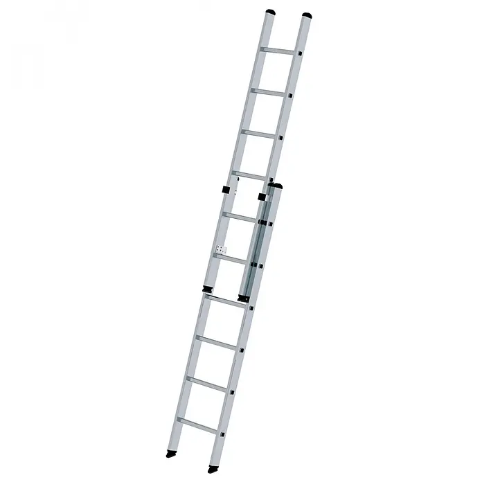 Munk Schiebeleiter Schiebeleiter 2x6 Sprossen - Anzahl Tritte: 6 Stk., Arbeitshöhe: 4.100 m, Aluminium - Silberne ausziehbare Aluminiumleiter mit schwarzen Endkappen.