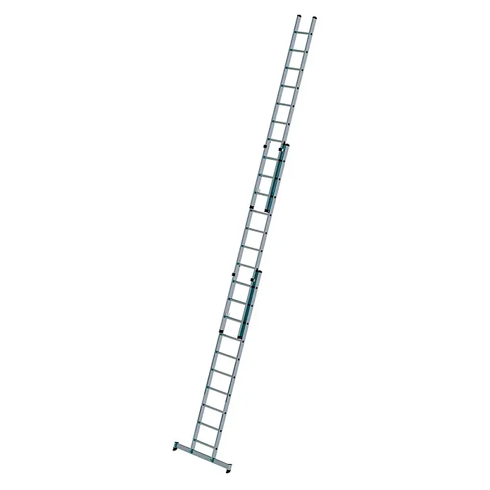 Munk Schiebeleiter Schiebeleiter mit nivello-Traverse 3x10 Sprossen - Anzahl Tritte: 10 Stk., Arbeitshöhe: 8.000 m, Aluminium - Silberne ausziehbare Aluminiumleiter mit mehreren Abschnitten und breiter Basis.
