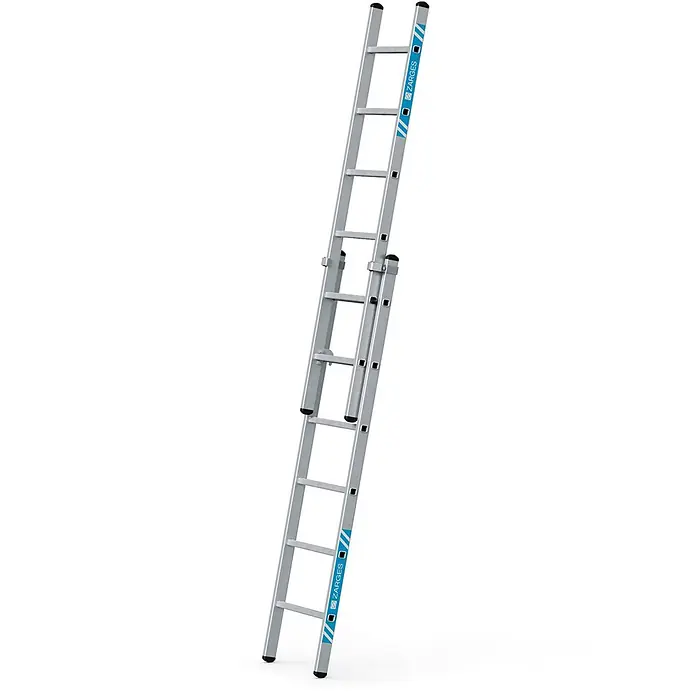 Zarges Schiebeleiter Schiebeleiter Everest 2E 2x6 Sprossen - Anzahl Tritte: 6 Stk., Arbeitshöhe: 3.800 m, Aluminium - Silberne Aluminium-Ausziehleiter mit schwarzen Gummifüßen, ausgefahren dargestellt.