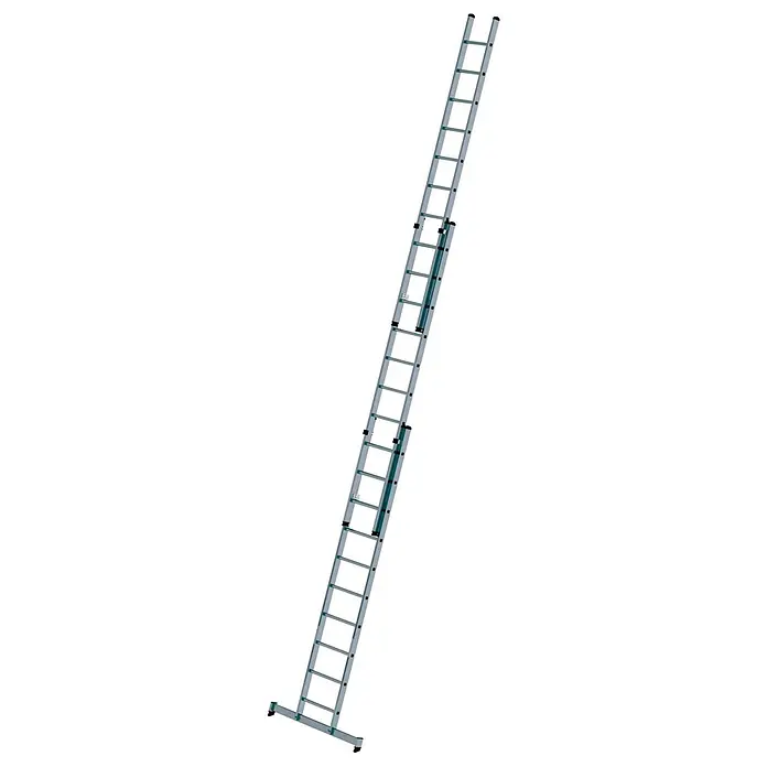 Munk Schiebeleiter Schiebeleiter mit nivello-Traverse 3x10 Sprossen - Anzahl Tritte: 10 Stk., Arbeitshöhe: 8.000 m, Aluminium - Ausgefahrene silberne Dreifach-Leiter.