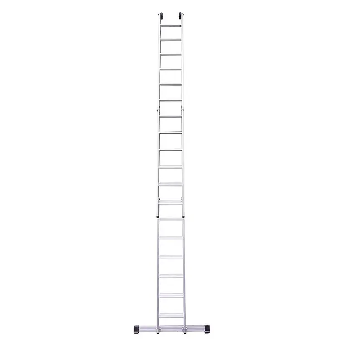 Euroline Schiebeleiter Premium 302 Stufen- Schiebeleiter 2x12 Sprossen - Anzahl Tritte: 12 Stk., Arbeitshöhe: 6.250 m, Aluminium - Hohe, silberne Aluminium-Anlegeleiter mit breiter Stabilisatorbasis und Rollen oben.