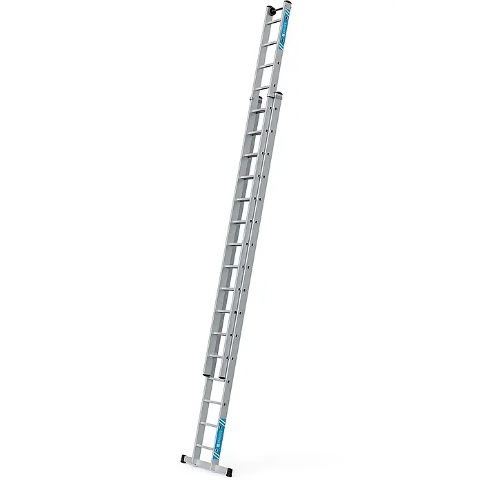 Zarges Schiebeleiter Schiebeleiter Everest 2E 2x16 Sprossen - Anzahl Tritte: 16 Stk., Arbeitshöhe: 9.000 m, Aluminium - Ausgefahrene silberne Aluminium-Anlegeleiter.