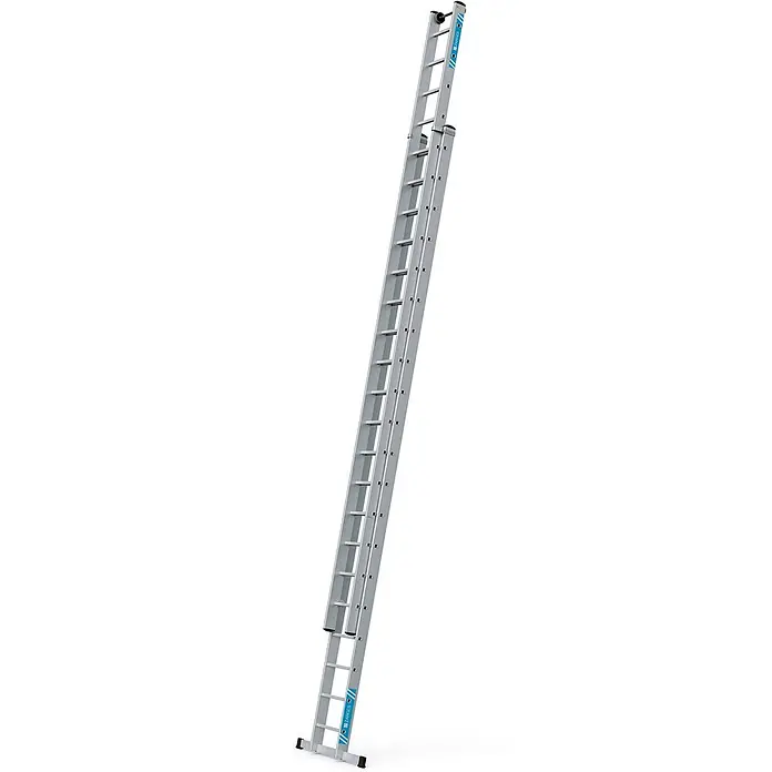 Zarges Schiebeleiter Schiebeleiter Everest 2E 2x20 Sprossen - Anzahl Tritte: 20 Stk., Arbeitshöhe: 10.850 m, Aluminium - Eine silberne, ausfahrbare Aluminium-Mehrzweckleiter, vollständig ausgezogen.
