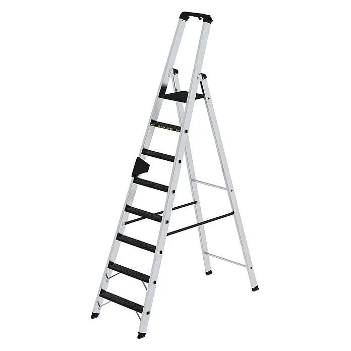 Munk Stehleiter Stehleiter mit clip-step R13 250kg, 8 Stufen - Anzahl Tritte: 8 Stk., Arbeitshöhe: 3.850 m, Aluminium - Silberne Aluminium-Stehleiter mit schwarzen Anti-Rutsch-Stufen, schwarzem Griff und Ablage, 250 kg Tragkraft.