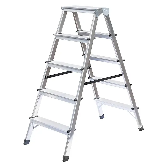 Munk Stehleiter Doppelleiter 2x5 Stufen - Anzahl Tritte: 5 Stk., Arbeitshöhe: 2.700 m, Aluminium - Silberne Aluminium-5-Stufen-Leiter mit schwarzen rutschfesten Trittflächen und Sicherheitsgurt, für sicheren Zugang.