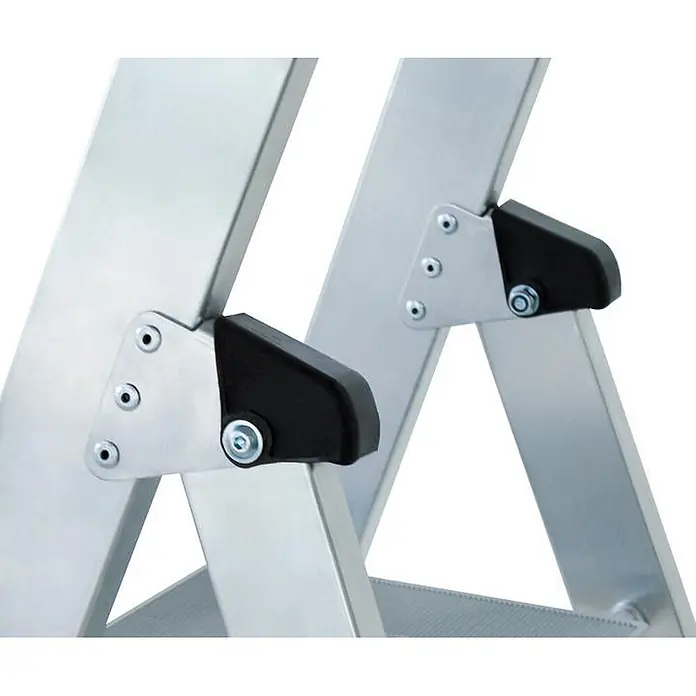 Munk Stehleiter Aluminium-Stehleiter 7 Stufen - Anzahl Tritte: 7 Stk., Arbeitshöhe: 3.650 m, Aluminium - Detail eines silberfarbenen Aluminium-Leiterscharniers mit schwarzen Kunststoffelementen.