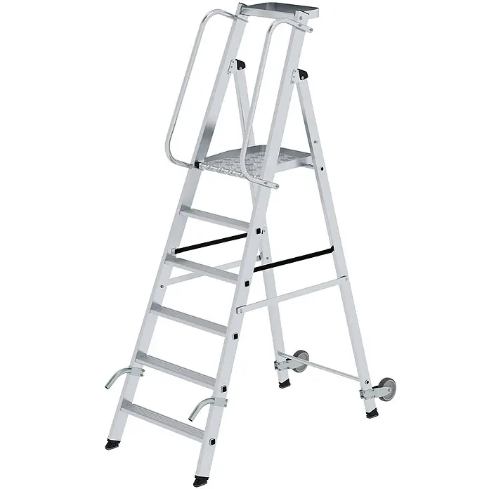 Munk Stehleiter Aluminium-Stehleiter mit Rollen und Griff 6 Stufen - Anzahl Tritte: 6 Stk., Arbeitshöhe: 3.400 m, Aluminium - Silberne Aluminium-Sicherheits-Stehleiter mit Handläufen, großer Plattform und Rädern für einfache Mobilität.