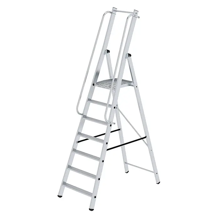 Munk Stehleiter ML Bauleiter Aluminium-Stufenstehleiter 7 Stufen - Anzahl Tritte: 4 Stk., Arbeitshöhe: 3.850 m, Aluminium - Silberne Aluminium-Sicherheitsstehleiter mit Handläufen und großer rutschfester Stehplattform.