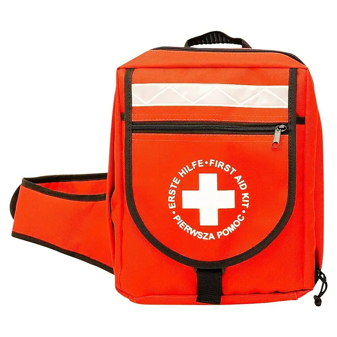 Leina-Werke Erste-Hilfe-Notfallrucksack - Mit Inhalt nach DIN 13169, Rot - Rote Erste-Hilfe-Tasche mit weißem Kreuz und mehrsprachiger Beschriftung, ideal für Notfälle und unterwegs. Praktisch und gut sichtbar.