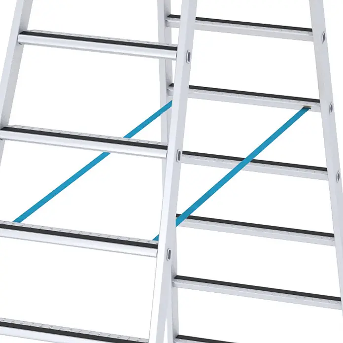 Zarges Stehleiter gebördelte Stufen-Stehleiter R13step-B eloxiert 2x8 Stufen - Anzahl Tritte: 8 Stk., Arbeitshöhe: 3.600 m, Aluminium - Silberne Aluminiumleiter mit schwarzen Anti-Rutsch-Sprossen und blauen Stabilisierungsbändern.