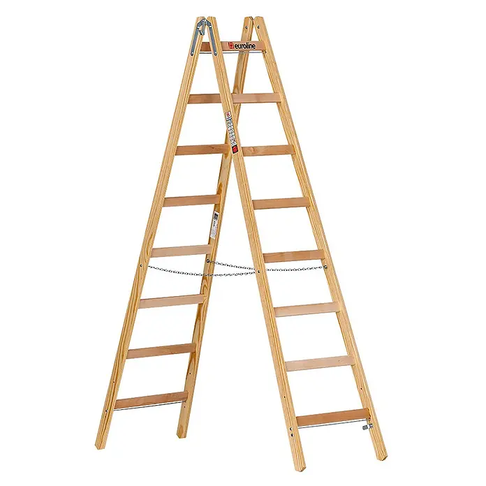 Euroline Stehleiter Holz Sprossenstehleiter 2x8 Sprossen - Anzahl Tritte: 8 Stk., Arbeitshöhe: 3.550 m, Holz - Doppelseitige Holz-Stehleiter mit naturhellbrauner Oberfläche und Sicherheitsketten.