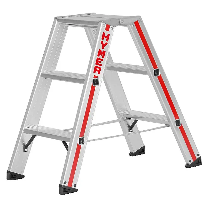 Hymer Stehleiter Stufenstehleiter mit Alu-Druckguss Gelenk 2x3 Stufen - Anzahl Tritte: 3 Stk., Arbeitshöhe: 2.220 m, Belastbarkeit: 150 kg, Aluminium - HYMER Aluminium-Klapptritt mit roten Seitenstreifen und schwarzen Anti-Rutsch-Füßen.