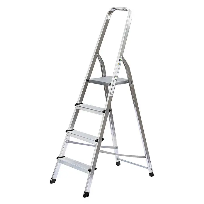 Munk Stehleiter Standard Haushaltsleiter 4 Stufen - Anzahl Tritte: 4 Stk., Arbeitshöhe: 3.000 m, Aluminium - Silberne Aluminium-Klapptrittleiter mit mehreren Stufen, einer oberen Plattform und einem Sicherheitsgriff.