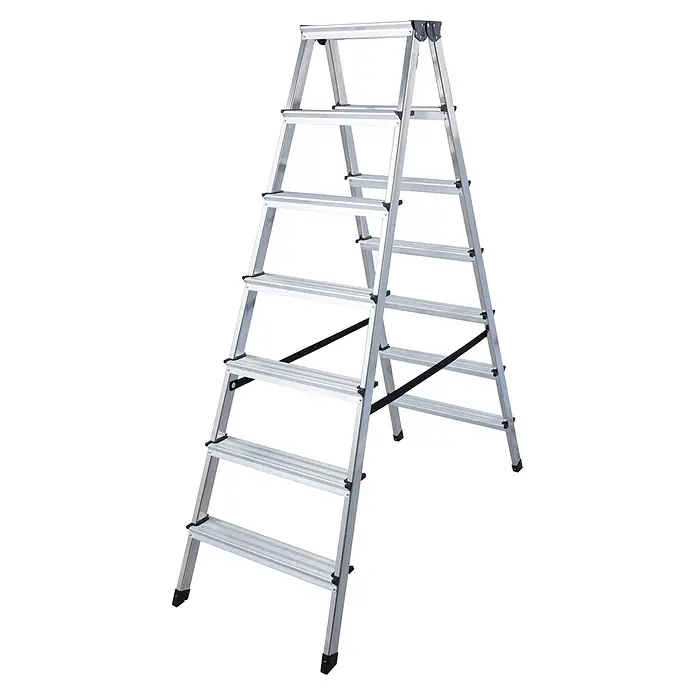 Euroline Stehleiter 619 Stufenstehleiter 2x7 Stufen - Anzahl Tritte: 7 Stk., Arbeitshöhe: 3.100 m, Aluminium - Silberne Aluminium-Stehleiter mit sieben Stufen und schwarzen Anti-Rutsch-Füßen.