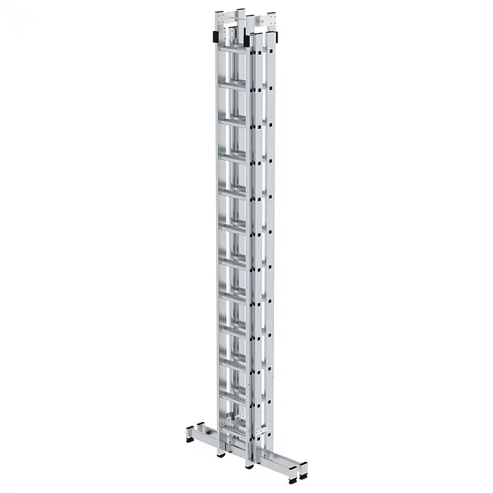 Munk Stehleiter Stehleiter mit nivello-Traverse 4x12 Sprossen - Anzahl Tritte: 8 Stk., Arbeitshöhe: 7.000 m, Aluminium - Silberne Aluminium-Mehrfach-Ausziehleiter mit Stabilisierungsfuß.