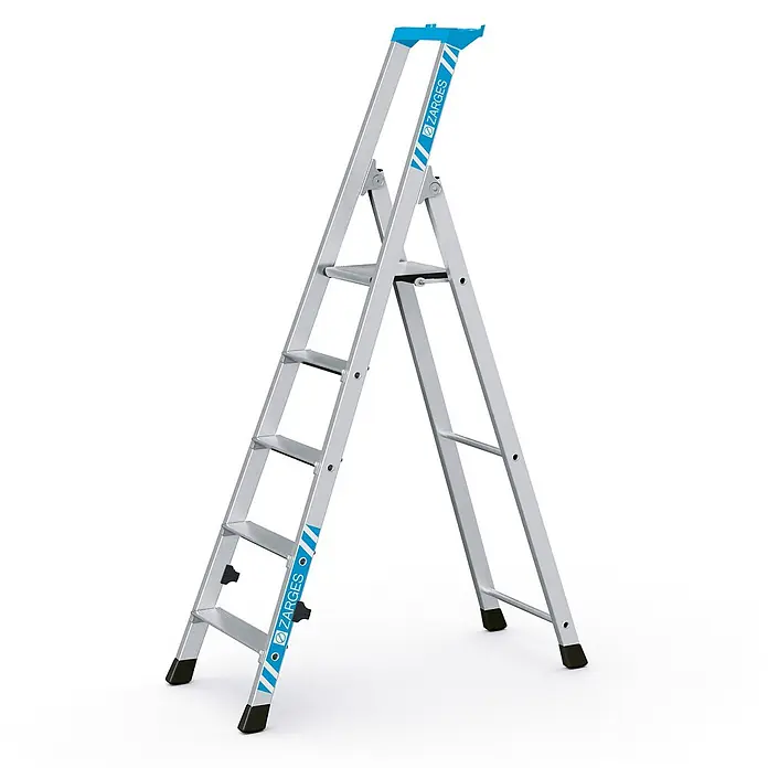 Zarges Stehleiter Nova S gebördelte Stehleiter 5 Stufen - Anzahl Tritte: 5 Stk., Arbeitshöhe: 3.050 m, Aluminium - Silberfarbene Aluminium-Klappleiter mit blauen Akzenten und mehreren Stufen, für sicheren Aufstieg.