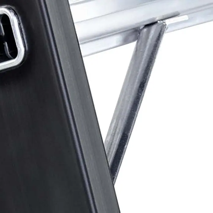 Zarges Stehleiter SL Stehleiter Megastep S 4 Sprossen - Anzahl Tritte: 4 Stk., Arbeitshöhe: 3.100 m, Aluminium - Detailansicht eines schwarzen Rahmens mit Metallbesatz, verbunden mit einer silbernen Stützstange und Schiene.