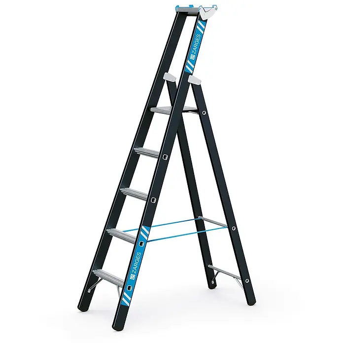 Zarges Stehleiter SL Stehleiter Megastep S 5 Sprossen - Anzahl Tritte: 5 Stk., Arbeitshöhe: 3.350 m, Aluminium - Schwarze A-Rahmen-Stehleiter mit grauen Stufen und blauen Akzenten für erhöhten Zugang.
