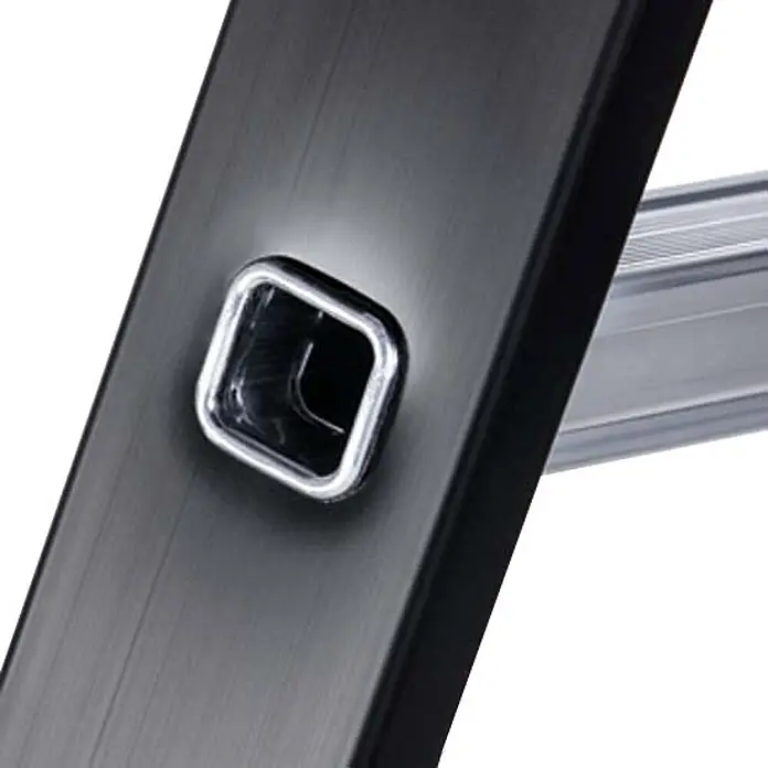 Zarges Stehleiter SL Stehleiter Megastep S 4 Sprossen - Anzahl Tritte: 4 Stk., Arbeitshöhe: 3.100 m, Aluminium - Dunkles, gebürstetes Metall-Leiternholm mit verchromter Aufnahme und silberner Sprosse.