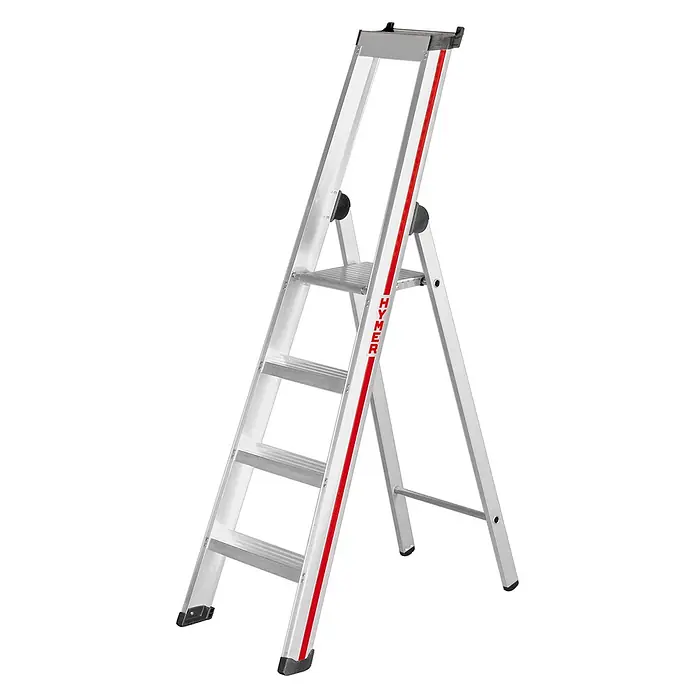 Hymer Stehleiter Stufenstehleiter mit Plattform 4 Stufen - Anzahl Tritte: 4 Stk., Arbeitshöhe: 2.910 m, Aluminium - Silberne Aluminium-Stehleiter mit vier Stufen, roten Streifen und schwarzen Füßen.