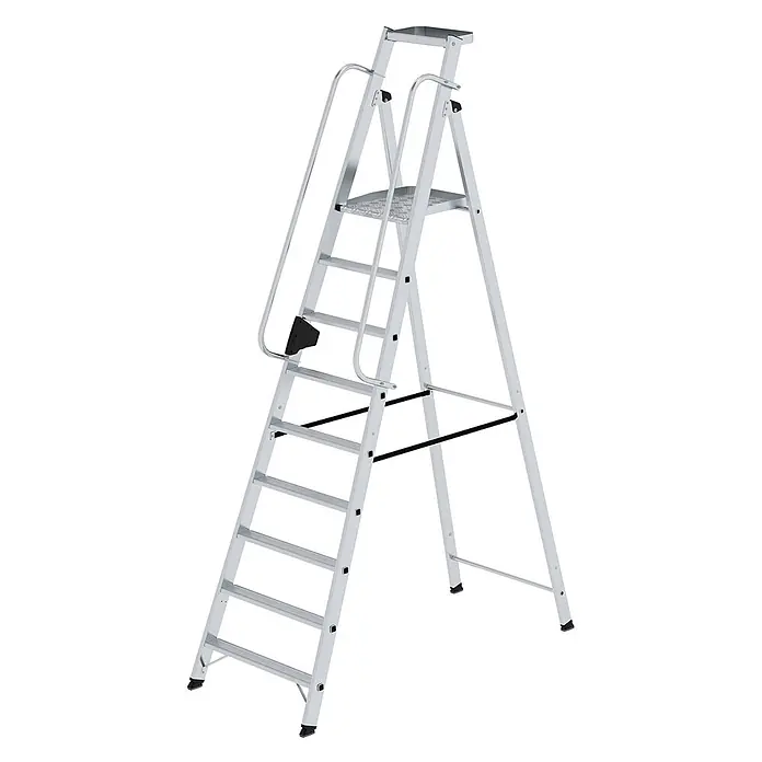 Munk Stehleiter Aluminium-Stehleiter 9 Stufen - Anzahl Tritte: 9 Stk., Arbeitshöhe: 4.100 m, Aluminium - Silberfarbene Aluminium-Podestleiter mit Handläufen und großer oberer Stufe für sicheren Zugang.