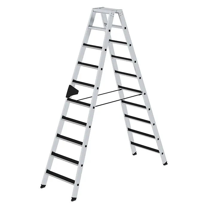 Munk Stehleiter Stehleiter beidseitig begehbar mit clip-step 2x10 Stufen - Anzahl Tritte: 10 Stk., Arbeitshöhe: 3.850 m, Aluminium - Silberne Stehleiter mit schwarzen Anti-Rutsch-Stufen und Spreizsperren.