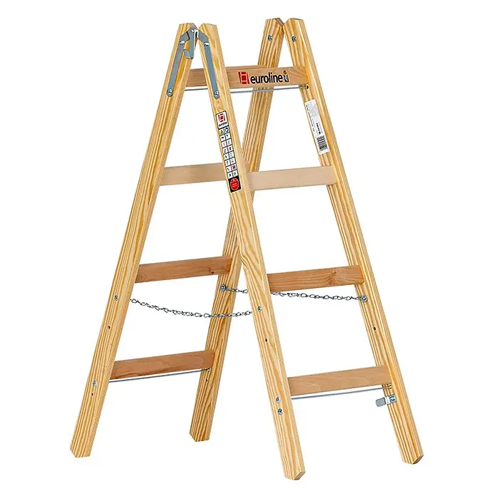 Euroline Stehleiter Holz Sprossenstehleiter 2x4 Sprossen - Anzahl Tritte: 4 Stk., Arbeitshöhe: 2.550 m, Holz - Stehleiter aus Naturholz mit Metallscharnieren und Sicherheitsketten.