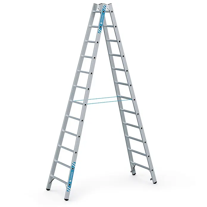 Zarges Stehleiter Sprossenstehleiter Coni B 2x12 Sprossen - Anzahl Tritte: 12 Stk., Arbeitshöhe: 4.600 m, Aluminium - Zweiteilige silberne Aluminium-Klappleiter mit blauen Stabilisierungsgurten.