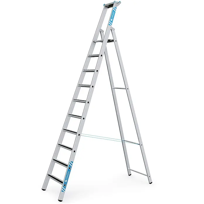 Zarges Stehleiter gebördelte Stufen-Stehleiter R13step S 10 Stufen - Anzahl Tritte: 10 Stk., Arbeitshöhe: 4.650 m, Aluminium - Silberne Aluminium-Stehleiter mit blauen Sicherheitsgurten und Zarges-Logo.