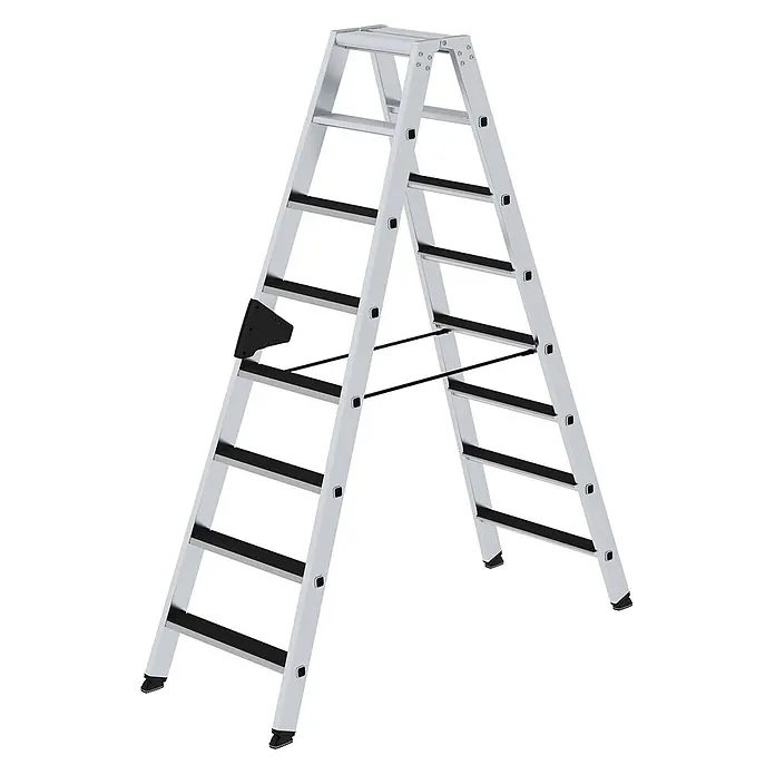 Munk Stehleiter Stehleiter beidseitig begehbar mit clip-step 2x8 Stufen - Anzahl Tritte: 8 Stk., Arbeitshöhe: 3.400 m, Aluminium - Silberne Aluminium-Klappleiter mit schwarzen Anti-Rutsch-Stufen und stabilisierenden Streben.