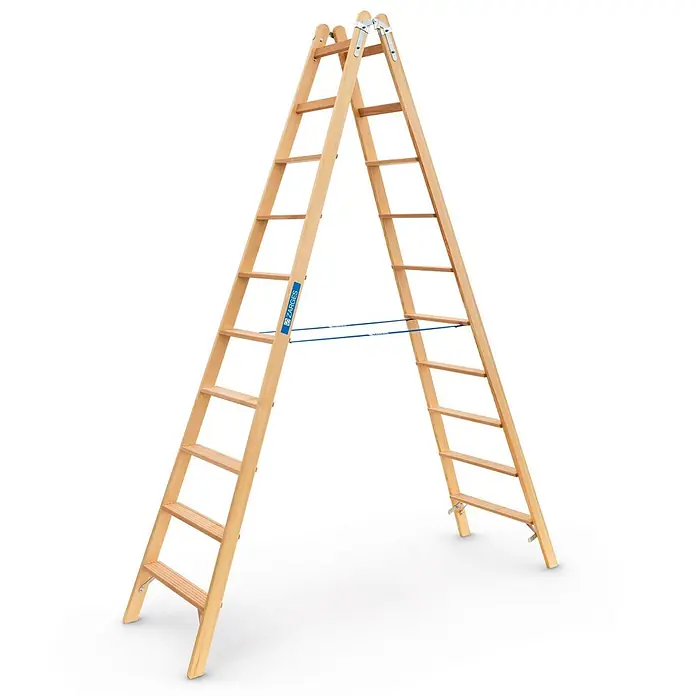 Zarges Stehleiter Holz Stehleiter Crestastep B, beidseitig begehbar 2x10 Stufen - Anzahl Tritte: 10 Stk., Holz - Holz-Stehleiter mit Metallscharnieren und blauen Sicherheitsgurten.