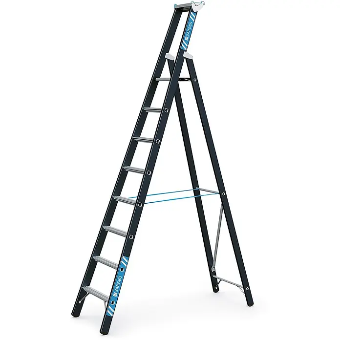 Zarges Stehleiter SL Stehleiter Megastep S 8 Sprossen - Anzahl Tritte: 8 Stk., Arbeitshöhe: 4.150 m, Aluminium - Stabile, dunkelgraue A-förmige Stehleiter mit hellgrauen Stufen und blauen Sicherheitsmerkmalen.
