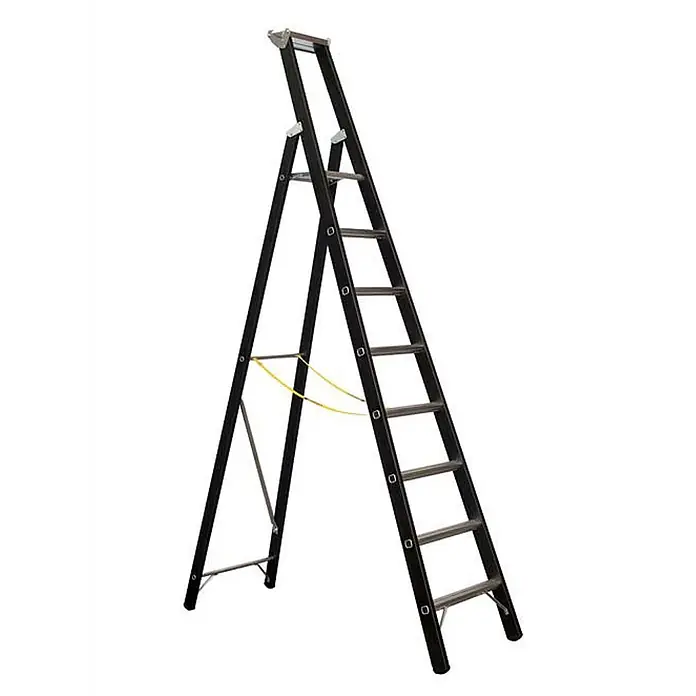 Zarges Stehleiter SL Stehleiter Megastep S 8 Sprossen - Anzahl Tritte: 8 Stk., Arbeitshöhe: 4.150 m, Aluminium - Schwarze A-förmige Klappleiter mit silbernen Stufen und gelben Sicherheitsgurten.