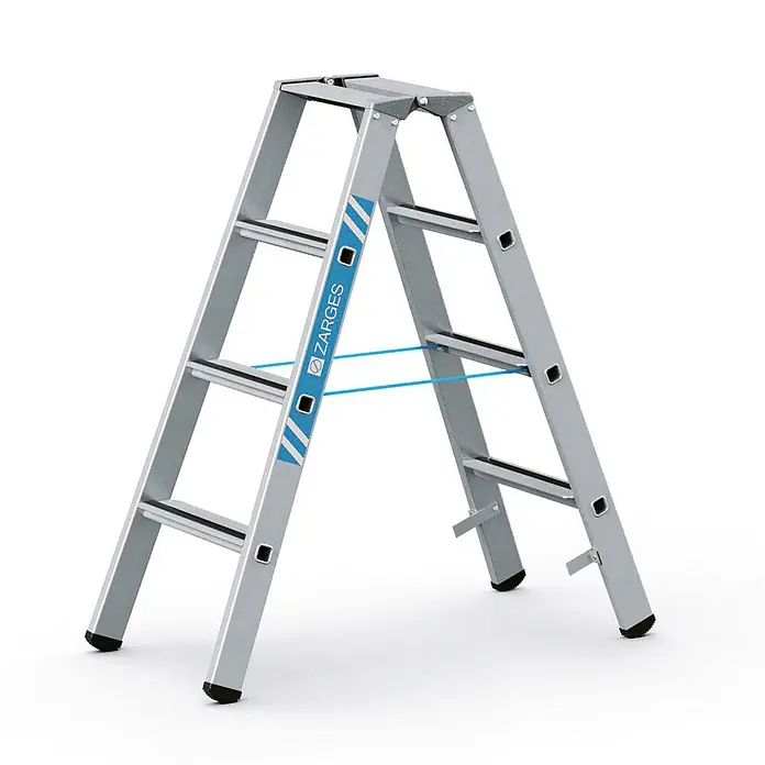 Zarges Stehleiter gebördelte Stehleiter, eloxiert Saferstep B 2x4 Stufen - Anzahl Tritte: 4 Stk., Arbeitshöhe: 2.550 m, Aluminium - Silberne Alu-Klappleiter mit blauen Sicherungsbändern und schwarzen rutschfesten Füßen.