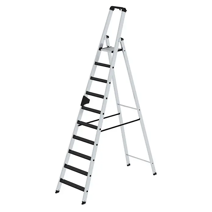 Munk Stehleiter Stehleiter mit clip-step R13 10 Stufen - Anzahl Tritte: 10 Stk., Arbeitshöhe: 4.350 m, Aluminium - Silberne Aluminium-Klappleiter mit schwarzen Anti-Rutsch-Stufen und Haltegriff, A-förmiges Design für Stabilität.