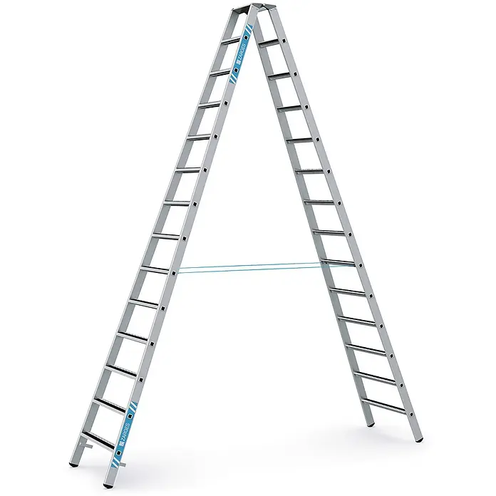 Zarges Stehleiter gebördelte Stufen-Stehleiter R13step-B eloxiert 2x14 Stufen - Anzahl Tritte: 14 Stk., Arbeitshöhe: 5.200 m, Aluminium - Silberne Aluminium-Stehleiter mit blauen Stabilisierungsriemen.
