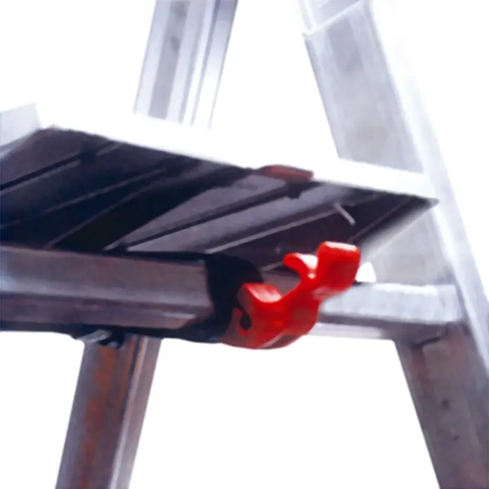 Facal Stehleiter Stufenstehleiter QUADRA S300 Aluminium 7 Stufen - Anzahl Tritte: 7 Stk., Arbeitshöhe: 3.390 m, Aluminium - Roter Kunststoffhaken sichert Plattform an Aluminiumleiter.