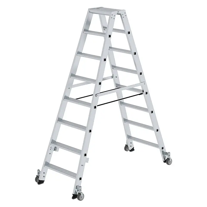 Munk Stehleiter Stehleiter beidseitig begehbar mit Rollen 2x8 Stufen - Anzahl Tritte: 8 Stk., Arbeitshöhe: 3.500 m, Aluminium - Silberne Aluminium-Stehleiter mit Rollen und schwarzer Stabilisatorstange.
