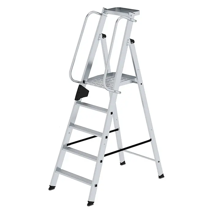 Munk Stehleiter Aluminium-Stehleiter 5 Stufen - Anzahl Tritte: 5 Stk., Arbeitshöhe: 3.150 m, Aluminium - Silberne Aluminium-Stehleiter mit stabiler Plattform, Handläufen und rutschfesten Stufen für sicheren Zugang in der Höhe.