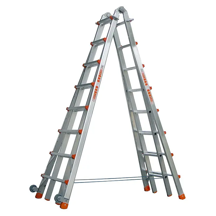 Siedra-Leitern Stehleiter Teleskopleiter 985 4x8 Sprossen - Anzahl Tritte: 8 Stk., Arbeitshöhe: 5.700 m, Aluminium - Silberne Aluminium-Klappleiter mit orangen Sprossen, Füßen und Rädern.