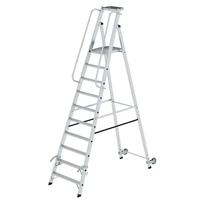 Munk Stehleiter Aluminium-Stehleiter mit Rollen und Griff 10 Stufen - Anzahl Tritte: 10 Stk., Arbeitshöhe: 4.350 m, Aluminium - Silberne Aluminium-Sicherheits-Stehleiter mit 8 Stufen, Handläufen, Podest und Rollen.