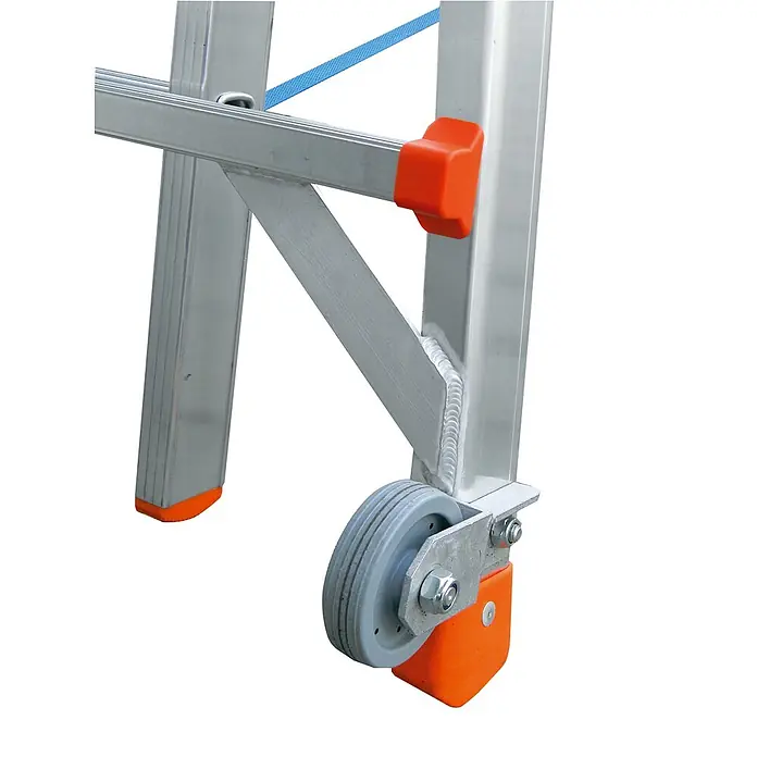 Siedra-Leitern Stehleiter Teleskopleiter 985 4x8 Sprossen - Anzahl Tritte: 8 Stk., Arbeitshöhe: 5.700 m, Aluminium - Aluminium-Leitersegment mit grauen Rollen und orangefarbenen Schutzkappen für Mobilität und Sicherheit.